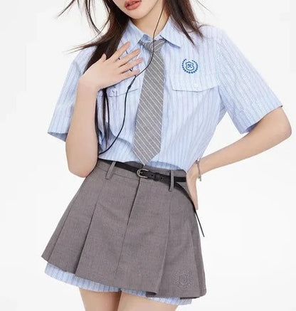 Academia: Striped Top & Pleated Skirt Set