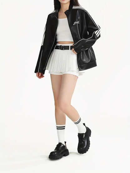 Zipper Long Sleeve Leather Jacket