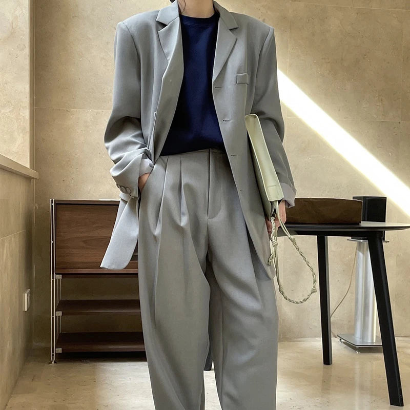 Single-Breasted Blazer & Wide Leg Pants Set