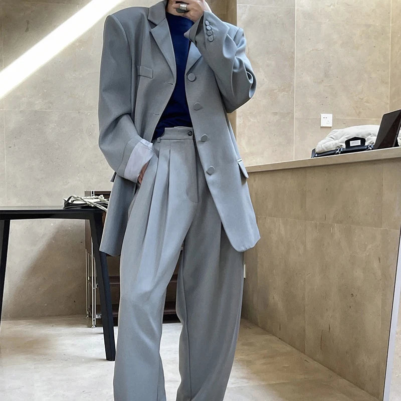 Single-Breasted Blazer & Wide Leg Pants Set