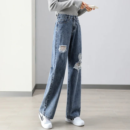 High-Waisted Loose Straight Leg Jeans with Rips