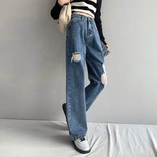 High-Waisted Loose Straight Leg Jeans with Rips