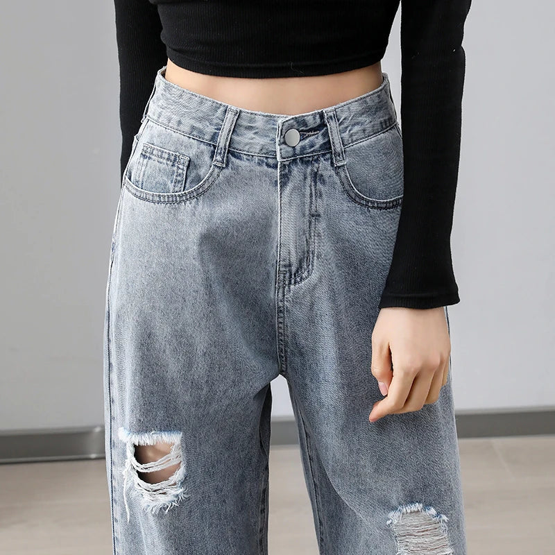 High-Waisted Loose Straight Leg Jeans with Rips