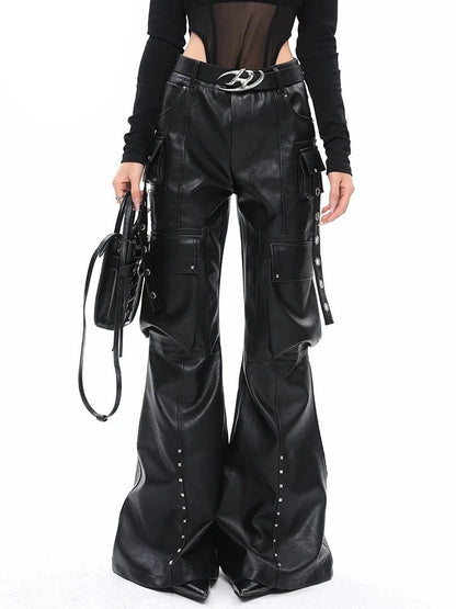 Wide Legs Black Leather Pants