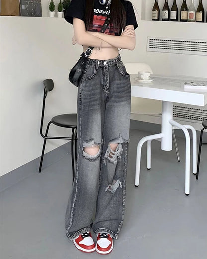 Ripped Grey High-Waisted Jeans