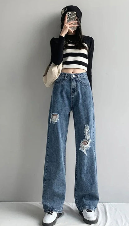 High-Waisted Loose Straight Leg Jeans with Rips