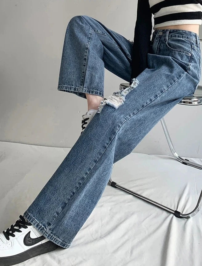 High-Waisted Loose Straight Leg Jeans with Rips