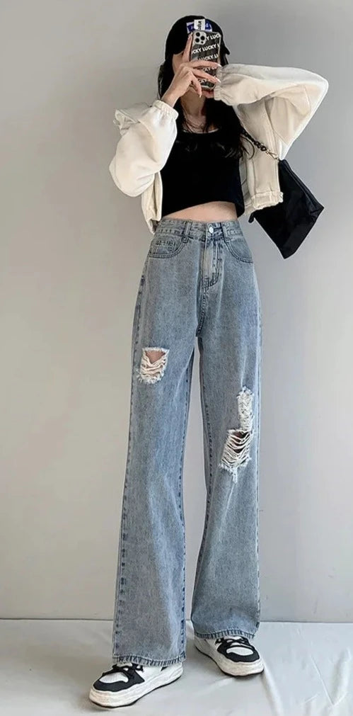 High-Waisted Loose Straight Leg Jeans with Rips