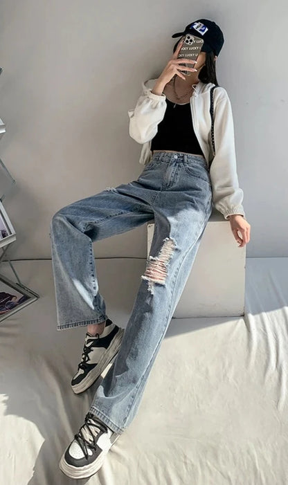 High-Waisted Loose Straight Leg Jeans with Rips