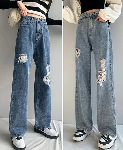 High-Waisted Loose Straight Leg Jeans with Rips