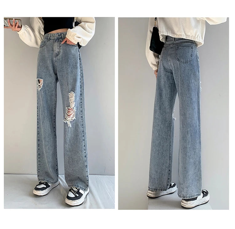 High-Waisted Loose Straight Leg Jeans with Rips