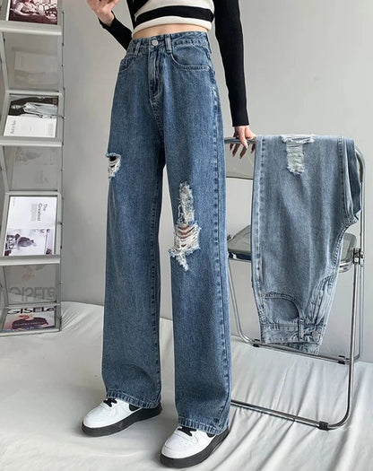 High-Waisted Loose Straight Leg Jeans with Rips