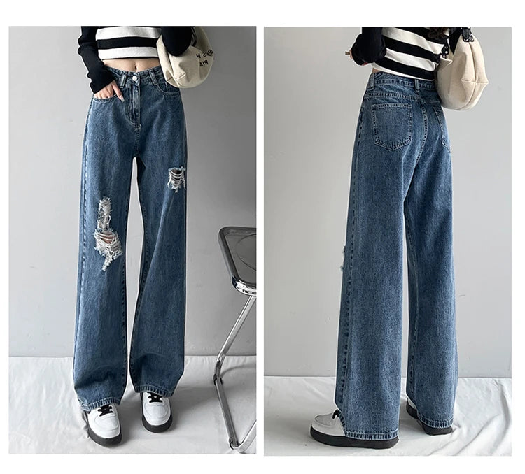 High-Waisted Loose Straight Leg Jeans with Rips