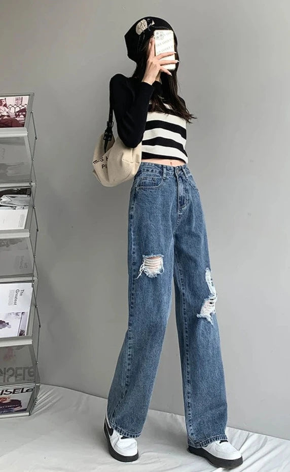 High-Waisted Loose Straight Leg Jeans with Rips