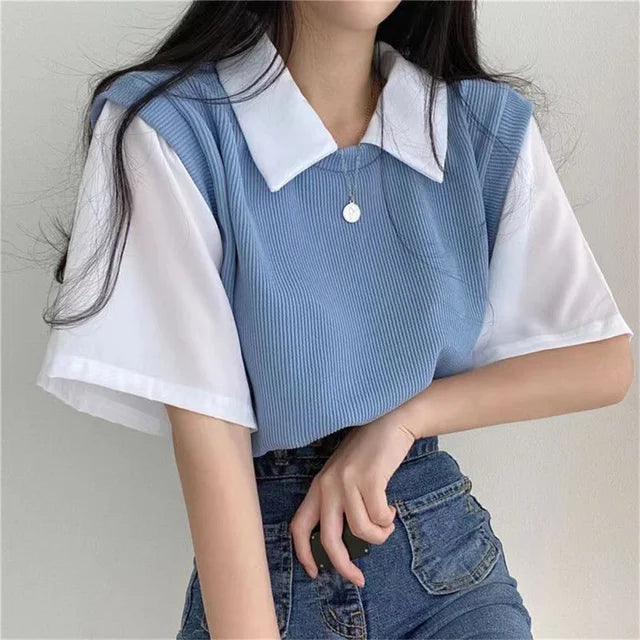 Short-Sleeve False Two-Piece Top