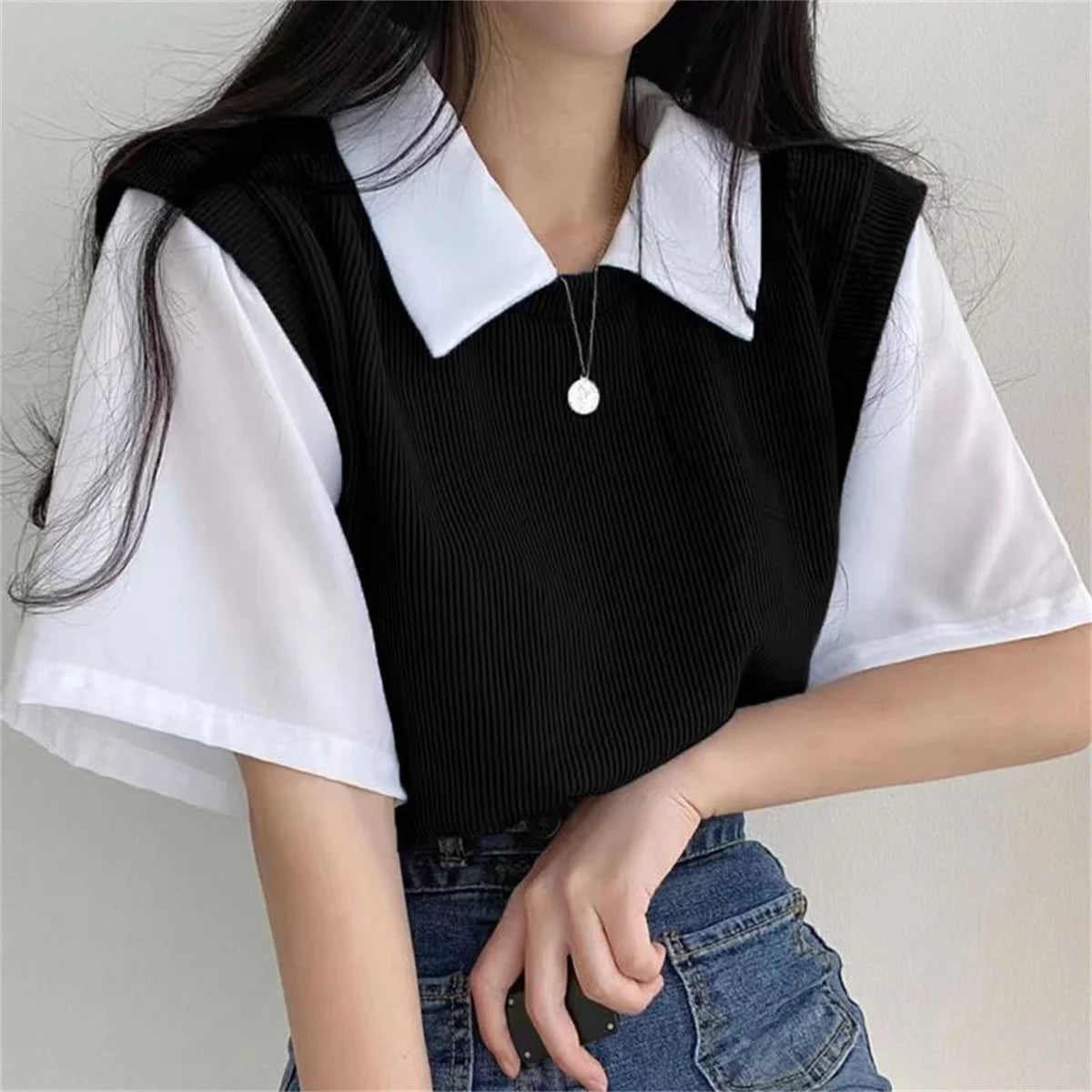 Short-Sleeve False Two-Piece Top