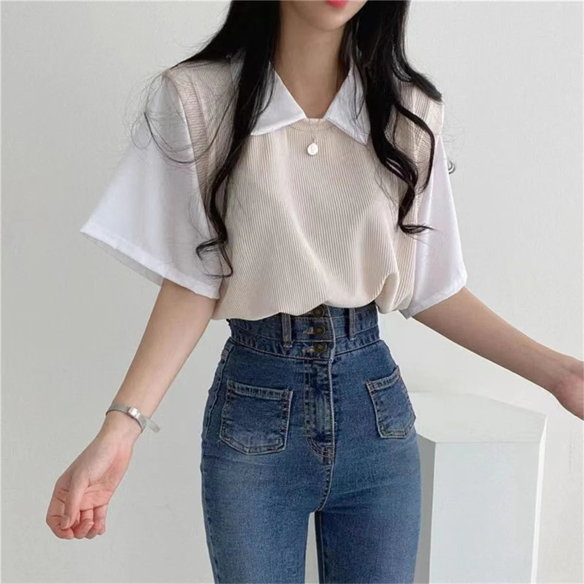 Short-Sleeve False Two-Piece Top