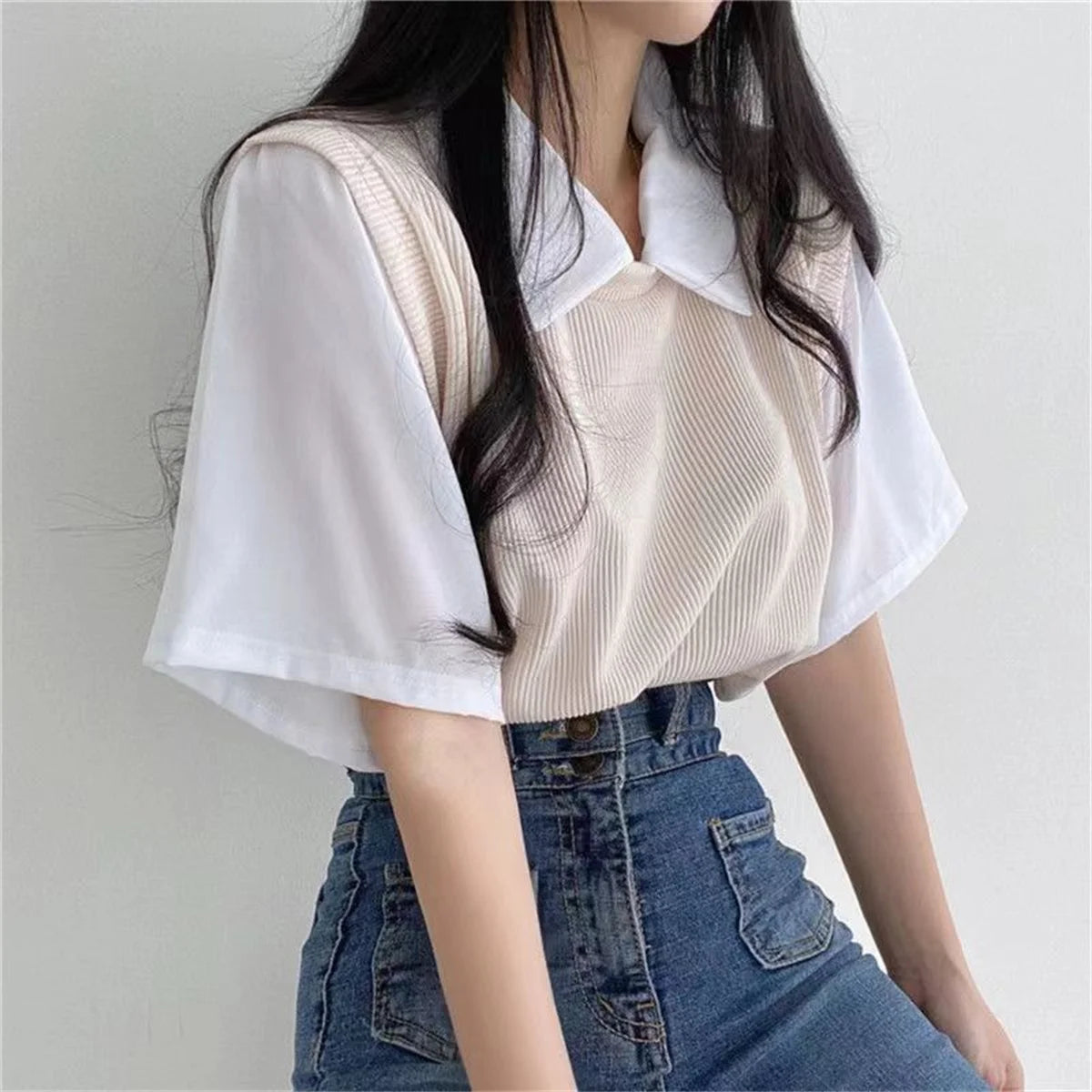 Short-Sleeve False Two-Piece Top