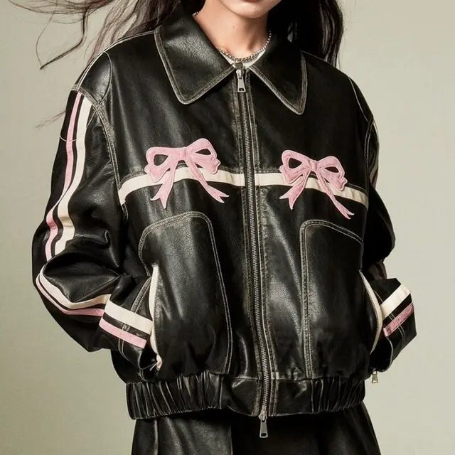 Bow Oversized Women Leather Jacket