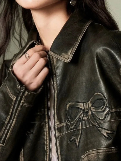 Bow Oversized Women Leather Jacket