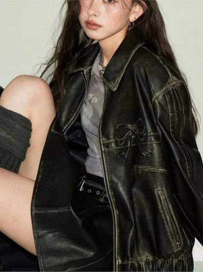 Bow Oversized Women Leather Jacket