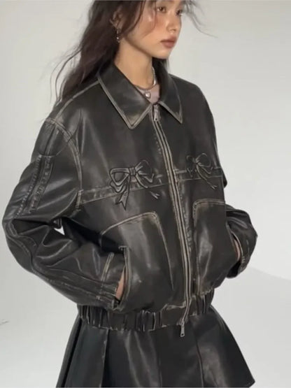 Bow Oversized Women Leather Jacket