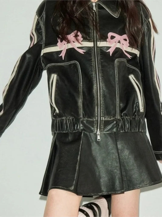 Bow Oversized Women Leather Jacket